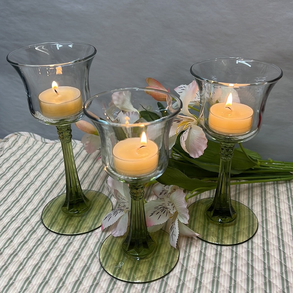 PartyLite VINTAGE RADIANT GLOW GREEN STEMMED TRIO